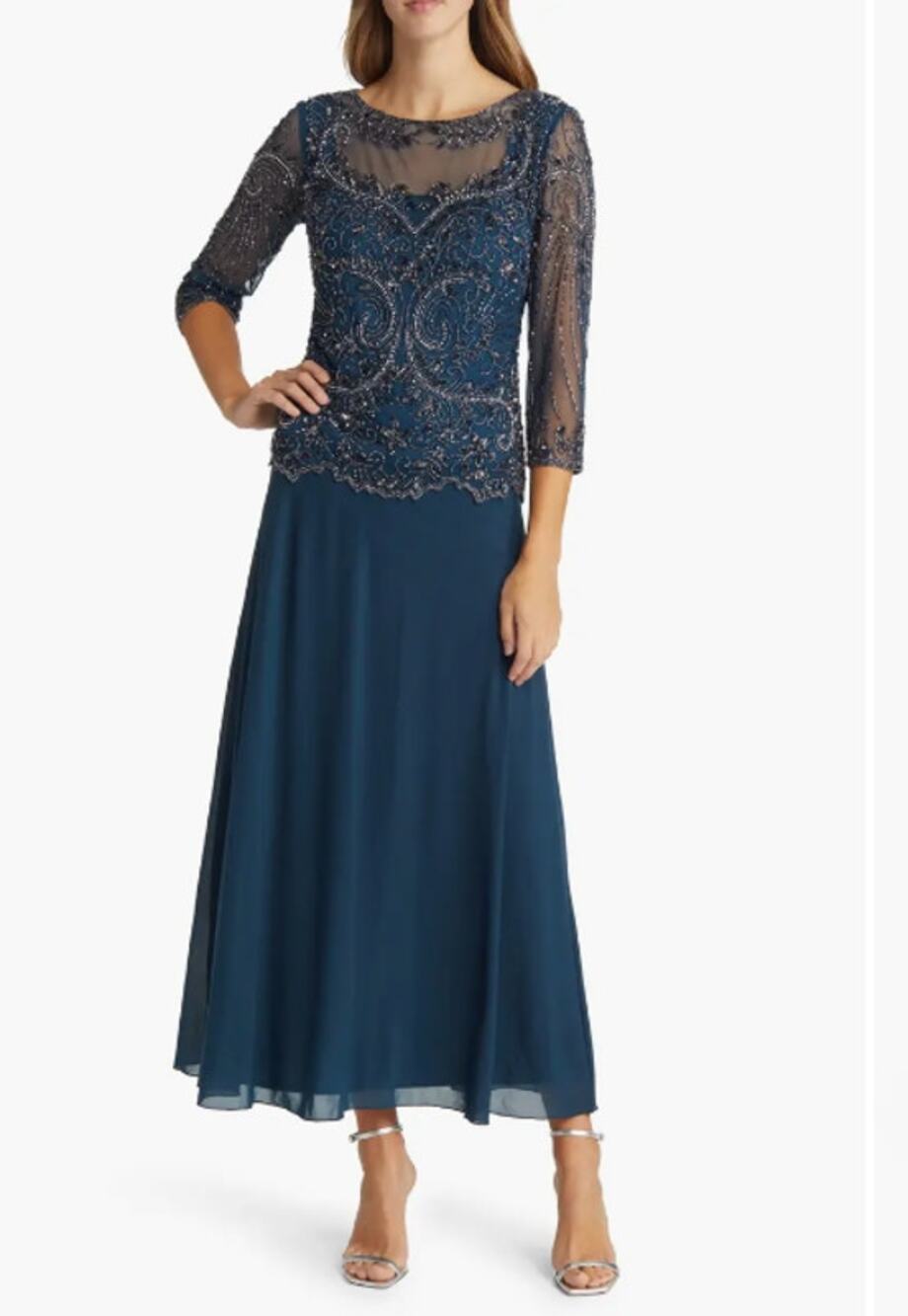 PISARRO NIGHTS Beaded Mesh Gown Size 4 Blue Rich Sapphire Mock Two-Piece NWT